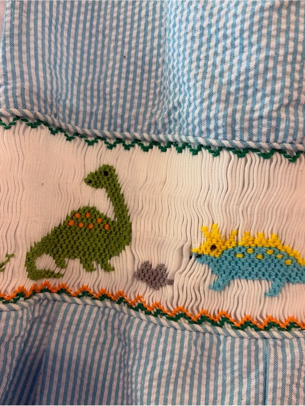 Classy Couture Seersucker Shortall Blue White Dinosaur Unisex Toddler 24 Mo
